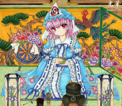 Rule 34 | 1girl, chirori, cup, dress, female focus, flower, hat, pink hair, red eyes, saigyouji yuyuko, shikishi, solo, touhou, traditional media