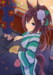 Rule 34 | 1other, 2girls, alternate costume, alternate hairstyle, animal ears, bag, blurry, blurry background, blush, bow, breasts, brown hair, commentary request, ear ornament, feet out of frame, festival, flower, food, hair between eyes, hair bow, hair flower, hair ornament, handbag, highres, holding, holding stick, horse ears, horse girl, horse tail, japanese clothes, kimono, light blush, long hair, looking at viewer, medium breasts, mejiro dober (umamusume), multiple girls, obi, open mouth, ponytail, purple eyes, sash, shiromaru illust, solo focus, stick, striped clothes, striped kimono, summer festival, tail, takoyaki, toothpick, umamusume