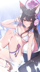 Rule 34 | 1girl, animal ears, ass, bikini, black hair, blue archive, blush, breasts, collarbone, colored inner hair, fox ears, fox tail, halo, highres, large breasts, long hair, looking at viewer, multicolored hair, official alternate costume, open mouth, red hair, red halo, sandals, smile, solo, swimsuit, tail, toenails, toes, wakamo (blue archive), wakamo (swimsuit) (blue archive), white bikini, yellow eyes, yellowpaint.