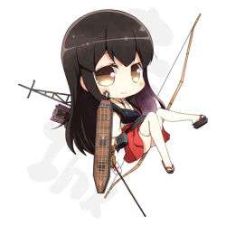 Rule 34 | 10s, 1girl, akagi (kancolle), armor, arrow (projectile), black hair, bow (weapon), brown eyes, chibi, gloves, japanese clothes, kantai collection, kouji (campus life), long hair, looking at viewer, machinery, muneate, personification, sandals, smile, solo, thighhighs, weapon