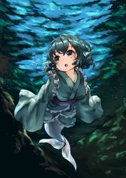 Rule 34 | 1girl, bad id, bad twitter id, blue eyes, blue hair, bubble, diving, fins, head fins, highres, japanese clothes, kimono, long sleeves, looking away, matching hair/eyes, md5 mismatch, mermaid, monster girl, open mouth, pyonsuke (pyon2 mfg), resized, short hair, solo, touhou, underwater, wakasagihime, water, wide sleeves