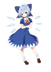 Rule 34 | 1girl, bad id, bad pixiv id, blue eyes, blue hair, bow, cirno, crossed arms, dress, full body, hair bow, highres, ice, ice wings, large bow, loafers, matching hair/eyes, pokachu, ribbon, shoes, short hair, simple background, socks, solo, touhou, white socks, wings