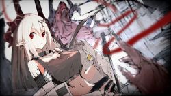 Rule 34 | 1girl, arknights, black collar, black sports bra, bodysuit, breasts, collar, demon horns, dutch angle, ear piercing, elite ii (arknights), hair between eyes, hair ornament, highres, holding, holding weapon, horns, large breasts, long hair, looking at viewer, material growth, midriff, monster, mudrock (arknights), mudrock (elite ii) (arknights), navel, open bodysuit, open clothes, oripathy lesion (arknights), piercing, pointy ears, red eyes, red ribbon, ribbon, sketch, solo, sports bra, sudadachi, upper body, war hammer, weapon, white bodysuit, white hair