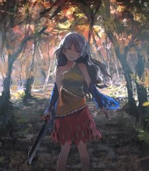 Rule 34 | 1girl, autumn, bare shoulders, day, detached sleeves, dress, forest, hatchet, head tilt, holding, long hair, looking at viewer, multicolored clothes, multicolored dress, nata (tool), nature, outdoors, red eyes, sakata nemuno, saltlaver, silver hair, single strap, smile, solo, standing, touhou, tree