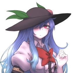 Rule 34 | 1girl, ahoge, black hat, blue hair, blush, bow, bowtie, eyebrows, food, frown, fruit, hat, hat leaf, hinanawi tenshi, long hair, looking at viewer, miata (miata8674), one eye covered, peach, puffy short sleeves, puffy sleeves, red bow, red bowtie, red eyes, short sleeves, simple background, solo, touhou, upper body, white background