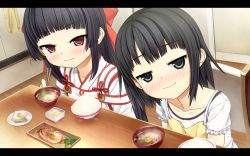 Rule 34 | 2girls, artist request, black hair, blue eyes, blush, character request, child, food, looking at viewer, multiple girls, red eyes, siblings, sisters, soup