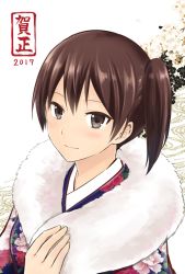 Rule 34 | 10s, 1girl, 2017, alternate costume, blush, brown hair, flower, highres, japanese clothes, kaga (kancolle), kantai collection, kimono, long hair, looking at viewer, mentai mochi, side ponytail, smile, solo, upper body