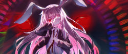 Rule 34 | 1girl, animal ears, black jacket, buttons, collared shirt, commentary, covering one eye, floppy ears, hands up, highres, holding necktie, jacket, kutabiretainu, long hair, long sleeves, looking at viewer, necktie, one eye covered, open clothes, open jacket, purple hair, rabbit ears, red eyes, red necktie, reisen udongein inaba, shirt, solo, touhou, upper body, very long hair, white shirt