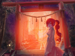 Rule 34 | 1girl, artist name, bad id, bad pixiv id, braid, building, car, city, cityscape, glowing, lantern, looking at viewer, mag (huangmag), md5 mismatch, motor vehicle, okazaki yumemi, ponytail, portal (object), realistic, red eyes, red hair, road, rope, scenery, shimenawa, single braid, sky, skyscraper, solo, stairs, star (sky), starry sky, stone lantern, street, torii, touhou, touhou (pc-98), traffic light, tree, vehicle