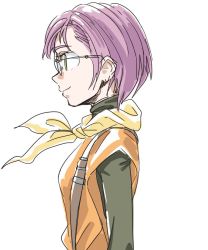 Rule 34 | 1girl, breasts, chrono trigger, commentary request, from side, glasses, lucca ashtear, purple hair, s-a-murai, scarf, short hair, simple background, smile, solo, white background