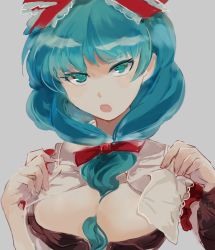 Rule 34 | 1girl, bow, breasts, chamaruk, cleavage, dress, frills, front ponytail, green eyes, green hair, hair between eyes, hair bow, hair ribbon, kagiyama hina, large breasts, long hair, looking at viewer, open clothes, open mouth, red dress, ribbon, simple background, sketch, solo, touhou