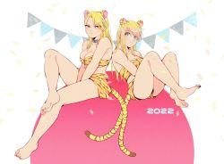 Rule 34 | 2girls, animal ear fluff, animal ears, bandeau, bare arms, bare legs, bare shoulders, barefoot, between legs, blonde hair, blue eyes, breasts, brown eyes, chihiroiai, chinese zodiac, cleavage, closed mouth, collar, collarbone, confetti, dated, ear piercing, earrings, extra ears, fake animal ears, fang, fang out, feet, feet up, frown, full body, fullmetal alchemist, hand between legs, highres, jewelry, knee up, knees up, leaning back, long hair, looking at viewer, miniskirt, multiple earrings, multiple girls, piercing, print shorts, riza hawkeye, shorts, sitting, skirt, skirt set, smile, soles, strapless, string of flags, tail, tiger ears, tiger girl, tiger stripes, tiger tail, toes, v arms, winry rockbell, year of the tiger, yellow shorts, yellow skirt