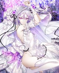 Rule 34 | 1girl, arms up, backless dress, backless outfit, bandaged arm, bandages, bare shoulders, black ribbon, breasts, bridal veil, closed mouth, commission, commissioner name, detached sleeves, dress, flower, frilled sleeves, frills, grey hair, halo, munlu (wolupus), original, purple eyes, purple halo, ribbon, see-through, skeb commission, sleeveless, sleeveless dress, small breasts, solo, thighhighs, thighs, veil, white dress, white thighhighs