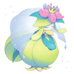 Rule 34 | 1girl, alternate color, bowing, closed eyes, colored skin, creatures (company), crown, flower, full body, game freak, gen 5 pokemon, green hair, highres, lilligant, long hair, mini crown, misubaru rin, nintendo, no humans, own hands together, pink flower, pokemon, pokemon (creature), shiny pokemon, solo, standing, veil, white background, white skin