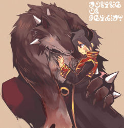 Rule 34 | 1boy, 1other, atroce, black coat, black hair, bracelet, brown background, brown eyes, chain, chair, closed mouth, coat, collar, commentary request, emon-yu, feet out of frame, furry, furry male, horns, jewelry, long sleeves, mahou shoujo madoka magica, mahou shoujo madoka magica (anime), multicolored coat, priest (ragnarok online), ragnarok online, red coat, short hair, simple background, smile, spiked bracelet, spiked collar, spikes, translation request, two-tone coat, wolf