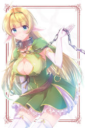 Rule 34 | 10s, 1girl, absurdres, blonde hair, blue eyes, blush, boots, breasts, chain, cleavage, cleavage cutout, clothing cutout, collar, commentary request, dress, elbow gloves, elf, gloves, gold trim, green dress, hairband, highres, isekai maou to shoukan shoujo no dorei majutsu, long hair, looking at viewer, metal collar, nyaa (nnekoron), pale color, pointy ears, shera l. greenwood, smile, solo, thigh boots, thighhighs, white gloves, white thighhighs