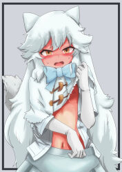 Rule 34 | 1girl, animal ears, arctic fox (kemono friends), blue bow, blue bowtie, blush, bow, bowtie, brown eyes, cape lift, capelet, clothes lift, flat chest, fox ears, fox girl, fox tail, hair between eyes, highres, kemono friends, lifting own clothes, long hair, looking at viewer, midriff, navel, nipple slip, nipples, no bra, open clothes, open shirt, shirt, sidelocks, skirt, solo, sweat, tail, tanne, unbuttoned, white capelet, white hair, white shirt