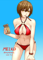 Rule 34 | 1girl, bare arms, bare legs, bare shoulders, bikini, blue background, blush, box, bracelet, breasts, brown hair, character name, cleavage, covered erect nipples, criss-cross halter, dated, female focus, food, hair between eyes, halftone, halftone background, halterneck, hamura mayu, hand on leg, hand on own leg, holding, jewelry, large breasts, legs, lips, looking at viewer, meiko (vocaloid), mouth hold, nail polish, navel, pocky, red bikini, short hair, smile, solo, standing, swimsuit, twitter username, vocaloid, yellow eyes
