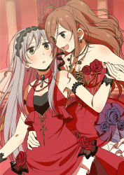 Rule 34 | 2girls, :d, armlet, bang dream!, black hairband, blue flower, blue rose, blush, bracelet, brooch, brown eyes, brown hair, dress, earrings, flat color, flower, grey eyes, hair flower, hair ornament, hairband, holding hands, hand on another&#039;s waist, imai lisa, jewelry, lace, lace-trimmed hairband, lace hairband, lace trim, long hair, looking at another, minato yukina, multiple girls, murata (igaratara), necklace, one side up, open mouth, red dress, red flower, red rose, rose, silver hair, smile, strapless, strapless dress, veil, yuri