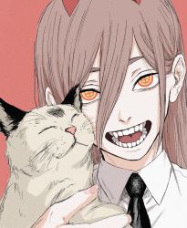 Rule 34 | 1girl, black necktie, cat, chainsaw man, closed eyes, collared shirt, cross-shaped pupils, hair between eyes, highres, horns, long hair, looking at viewer, meowy (chainsaw man), necktie, open mouth, pink hair, power (chainsaw man), raberu ruru, red background, red horns, sharp teeth, shirt, simple background, symbol-shaped pupils, teeth, white cat, white shirt, yellow eyes