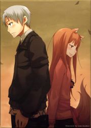 Rule 34 | 00s, 1boy, 1girl, absurdres, animal ears, ayakura juu, back-to-back, craft lawrence, highres, holo, scan, spice and wolf, tail, wolf ears, wolf tail