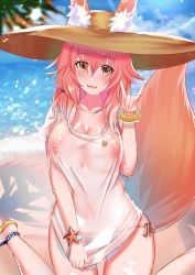 Rule 34 | 1girl, animal ear fluff, animal ears, artist request, beach, bikini, bikini bottom only, blue bikini, blue sky, blush, bracelet, breasts, cleavage, collarbone, covered erect nipples, day, ears through headwear, fate/grand order, fate (series), fox ears, fox girl, fox shadow puppet, fox tail, hair between eyes, hat, jewelry, large breasts, long hair, looking at viewer, ocean, open mouth, pink hair, sandals, shirt, short sleeves, side-tie bikini bottom, sky, smile, solo, straw hat, swimsuit, tail, tamamo (fate), tamamo no mae (fate/extra), tamamo no mae (swimsuit lancer) (fate), tamamo no mae (swimsuit lancer) (first ascension) (fate), thighs, wet, wet clothes, wet shirt, yellow eyes