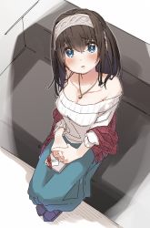 Rule 34 | 1girl, black hair, blue eyes, blue skirt, blush, box, breasts, brown footwear, cleavage, couch, fringe trim, from above, gift, gift box, grey hairband, hair between eyes, hairband, highres, idolmaster, idolmaster cinderella girls, jewelry, loafers, long hair, looking at viewer, looking up, medium breasts, off-shoulder sweater, off shoulder, on couch, parted lips, pendant, ribbed sweater, sagisawa fumika, shawl, shoes, sitting, skirt, solo, sweater, white background, white sweater, yukie (kusaka shi)