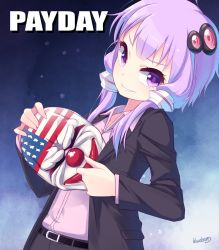 Rule 34 | 1girl, belt, blazer, blueberry (5959), cosplay, dallas (cosplay), dallas (payday), gun, hair ornament, jacket, long hair, low twintails, mask, payday: the heist, payday (series), purple eyes, purple hair, shirt, smile, solo, twintails, vocaloid, voiceroid, weapon, yuzuki yukari
