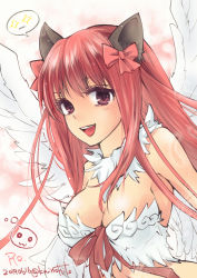 Rule 34 | + +, 1girl, :3, animal ears, bow, breasts, cat ears, chibi, chibi inset, cleavage, commentary request, dated, emoticon, feathers, hair between eyes, hair bow, kainohito, long hair, looking at viewer, medium breasts, open mouth, poring, ragnarok online, red bow, red eyes, red hair, solo, twitter username, upper body, wanderer (ragnarok online), white feathers, white wings, wings