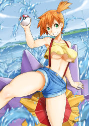 Rule 34 | 1girl, arm support, bare shoulders, blue sky, breasts, cleavage, cloud, cloudy sky, collarbone, creatures (company), crop top, crop top overhang, day, denim, denim shorts, game freak, gen 1 pokemon, green eyes, grin, hair between eyes, hand up, holding, holding poke ball, janong, large breasts, legs, looking at viewer, midriff, misty (pokemon), navel, nintendo, no bra, orange hair, outdoors, partially visible vulva, poke ball, pokemon, pokemon (anime), pokemon (classic anime), pokemon (creature), ponytail, revealing clothes, shirt, short hair, short ponytail, short shorts, shorts, side ponytail, sitting, sky, sleeveless, sleeveless shirt, smile, starmie, suspenders, tank top, teeth, underboob, upshorts, water, wide ponytail, yellow shirt