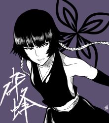 1girl bleach braid commentary_request greyscale_with_colored_background hatching_(texture) highres low_twin_braids purple_background serious shao_(newton) short_hair_with_long_locks signature solo sui-feng twin_braids upper_body