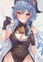 Rule 34 | 1girl, absurdres, alternate costume, bell, black dress, black gloves, blue bra, blue hair, bra, breasts, breasts apart, cleavage, covered navel, cowbell, crossed bangs, detached collar, dress, ganyu (genshin impact), genshin impact, gloves, goat horns, hair between eyes, hand on own chest, hand up, highres, holding shawl, horns, lace, lace-trimmed gloves, lace trim, large breasts, light blush, long hair, looking at viewer, maruro, open mouth, pelvic curtain, purple eyes, see-through shawl, shawl, sleeveless, sleeveless dress, solo, underwear