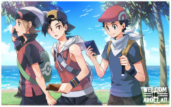 Rule 34 | 3boys, adapted costume, backpack, backwards hat, bad id, bad pixiv id, bag, baseball cap, beanie, black hair, border, brendan (pokemon), brown hair, cloud, commentary request, creatures (company), day, ethan (pokemon), game freak, grass, green bag, hat, holding, holding phone, holding strap, jacket, looking at viewer, lucas (pokemon), male focus, multiple boys, nintendo, outdoors, palm tree, phone, pokemon, pokemon dppt, pokemon hgss, pokemon oras, red headwear, shirt, shore, short hair, short sleeves, sky, talking on phone, tree, water, white border, white headwear, wristband, xichii