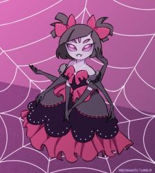 Rule 34 | 1girl, :3, colored skin, dress, elbow gloves, extra arms, extra eyes, fangs, gloves, arthropod girl, monster girl, muffet, purple skin, solo, spider girl, twintails, undertale