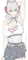 Rule 34 | 1girl, absurdres, ahoge, antenna hair, arknights, arm up, armpits, bare shoulders, belt, breasts, cleavage, cutoffs, demon girl, demon horns, grey hair, highres, horns, hu tu, large breasts, medium hair, open mouth, pouch, single thighhigh, solo, tank top, thighhighs, underbust, w (arknights), white tank top, yellow eyes