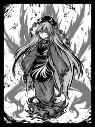 Rule 34 | 1girl, acryl, border, breasts, closed mouth, commentary request, crescent, dress, fire, full body, greyscale, junko (touhou), long dress, long hair, looking at viewer, medium breasts, monochrome, phoenix crown, sleeves past wrists, smile, solo, standing, tabard, touhou, very long hair