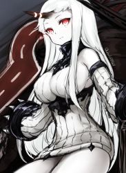 Rule 34 | 10s, 1girl, abyssal ship, bare shoulders, breasts, claws, detached sleeves, don (29219), dress, female focus, glowing, glowing eyes, horns, kantai collection, large breasts, long hair, looking at viewer, machinery, pale skin, red eyes, ribbed dress, seaport princess, short dress, sideboob, single horn, solo, thighs, twitter username, very long hair, white hair