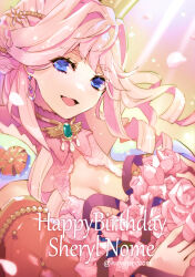 Rule 34 | 1girl, blue eyes, bouquet, breasts, capelet, character name, cleavage, commentary, crown, curly hair, detached sleeves, dress, earrings, english commentary, falling petals, flower, gem, gold necklace, green gemstone, hair ornament, happy birthday, highres, holding, holding bouquet, holding flower, hoyopeccori, jewelry, large breasts, light particles, light rays, long hair, looking at viewer, macross, macross frontier, necklace, open mouth, petals, pink dress, pink flower, pink hair, sheryl nome, single earring, smile, solo, thick eyebrows, twitter username, upper body