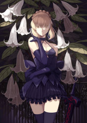 Rule 34 | 1girl, argyle, argyle clothes, argyle cutout, artoria pendragon (all), artoria pendragon (fate), bare shoulders, blonde hair, bow, braid, breasts, choker, cleavage, clothing cutout, collarbone, cowboy shot, diamond (shape), fate/grand order, fate/stay night, fate (series), fence, floral background, flower, frilled skirt, frills, gloves, hair between eyes, hair ribbon, hand on own hip, hand on own shoulder, highres, jh, looking at viewer, miniskirt, parted lips, pleated skirt, ribbon, saber (fate), saber alter, self hug, shade, sidelocks, skirt, skirt set, sleeveless, small breasts, solo, sword, thigh gap, thighhighs, weapon, white flower, yellow eyes