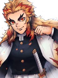 Rule 34 | 1boy, black jacket, blonde hair, cape, closed mouth, commentary request, forked eyebrows, hand up, highres, jacket, katana, kimetsu no yaiba, long hair, long sleeves, looking at viewer, male focus, multicolored hair, red eyes, red hair, rengoku kyoujurou, sheath, sheathed, simple background, smile, solo, streaked hair, sword, thick eyebrows, townoise, upper body, weapon, white background, white cape