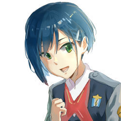 Rule 34 | 10s, 1girl, blue hair, bob cut, darling in the franxx, green eyes, hair ornament, hairclip, hand on own chest, ichigo (darling in the franxx), looking to the side, mao wei du jiao shou, open mouth, portrait, short hair, simple background, smile, solo, uniform, white background