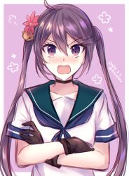Rule 34 | 1girl, akebono (kancolle), akebono kai ni (kancolle), alternate hairstyle, bell, black gloves, blue sailor collar, blue skirt, commentary request, crossed arms, flower, gloves, hair bell, hair flower, hair ornament, kabocha torute, kantai collection, long hair, looking at viewer, one-hour drawing challenge, open mouth, purple eyes, purple hair, sailor collar, school uniform, serafuku, short sleeves, skirt, solo, twintails, twintails day, upper body, very long hair