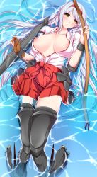 Rule 34 | 10s, 1girl, blush, boots, bow (weapon), breasts, female focus, floating, gloves, hairband, highres, holding, holding bow (weapon), holding weapon, japanese clothes, kantai collection, knees together feet apart, large breasts, long hair, looking at viewer, minamon (vittel221), nipples, partially fingerless gloves, partially submerged, partly fingerless gloves, personification, shoukaku (kancolle), silver hair, single glove, skirt, solo, thigh boots, thighhighs, very long hair, water, weapon, yellow eyes, yugake
