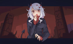 Rule 34 | 1girl, absurdres, black suit, breasts, demon girl, demon horns, demon tail, heart, heart-shaped pupils, helltaker, highres, horns, large breasts, letterboxed, long hair, long sleeves, looking at viewer, modeus (helltaker), open mouth, red eyes, red sweater, sleeves past wrists, solo, suit, sweater, symbol-shaped pupils, tail, turtleneck, white hair, ziro (zirorong)