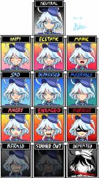 Rule 34 | 1girl, absurdres, ahoge, anger vein, angry, blue eyes, blue hair, blush, constricted pupils, crying, crying with eyes open, defeat, emotion chart, expressions, furina (genshin impact), genshin impact, grin, hair over one eye, hat, heterochromia, highres, looking at viewer, multicolored hair, open mouth, scared, shaded face, short hair, smile, solo, streaked hair, tears, turn pale, two-tone hair, white hair
