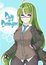 Rule 34 | 1girl, absurdres, alternate costume, alternate hairstyle, blouse, blue eyes, blue necktie, english text, glasses, green hair, hand on own hip, highres, kantai collection, kirishina (raindrop-050928), long hair, mole, mole under mouth, necktie, shirt, simple background, smile, solo, very long hair, white shirt, yuugumo (kancolle)