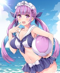 Rule 34 | 1girl, ahoge, amane hasuhito, armpits, ball, bare shoulders, beachball, blue neckwear, blue ribbon, blue skirt, blush, bow, braid, breasts, cleavage, cloud, collarbone, colored inner hair, day, fingernails, hair ribbon, hand on own face, happy, headdress, holding, holding ball, holding beachball, hololive, large breasts, looking at viewer, minato aqua, minato aqua (1st costume), multicolored hair, nail polish, navel, ocean, open mouth, panties, purple eyes, purple hair, ribbon, skirt, sky, solo, standing, swimsuit, thighhighs, thighs, tongue, two-tone hair, underwear, virtual youtuber, water, white bow
