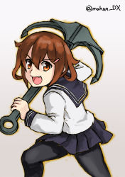 Rule 34 | 1girl, anchor, black pantyhose, black sailor collar, brown background, brown hair, commentary request, cowboy shot, fang, gradient background, hair ornament, hairclip, ikazuchi (kancolle), kantai collection, looking at viewer, maakun (makun dx), one-hour drawing challenge, pantyhose, sailor collar, school uniform, serafuku, short hair, solo, twitter username, white background
