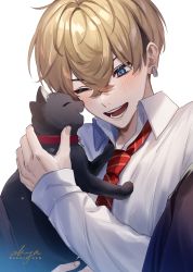 Rule 34 | 1boy, absurdres, animal, black hair, blonde hair, blue eyes, cat, collared shirt, earrings, hair between eyes, highres, hiiragi hiiro, jewelry, long sleeves, male focus, matsuno chifuyu, necktie, one eye closed, open mouth, red necktie, shirt, simple background, single earring, sleeves past wrists, smile, solo, tokyo revengers, twitter username, undercut, upper body, white background, white shirt