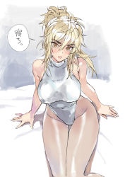 Rule 34 | 1girl, :o, bare arms, bare shoulders, blonde hair, breasts, commentary request, groin, hair between eyes, large breasts, leotard, long hair, looking at viewer, matsuda (matsukichi), messy hair, open mouth, original, ponytail, sitting, solo, speech bubble, thighs, translation request, white leotard, yellow eyes